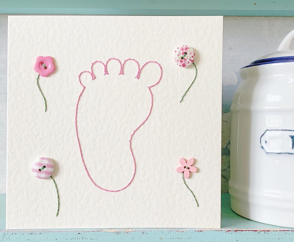 New Baby Card. Baby Girl Card. Baby Shower Card. Congratulations Card. Hand Stitched Card. Handmade Card.