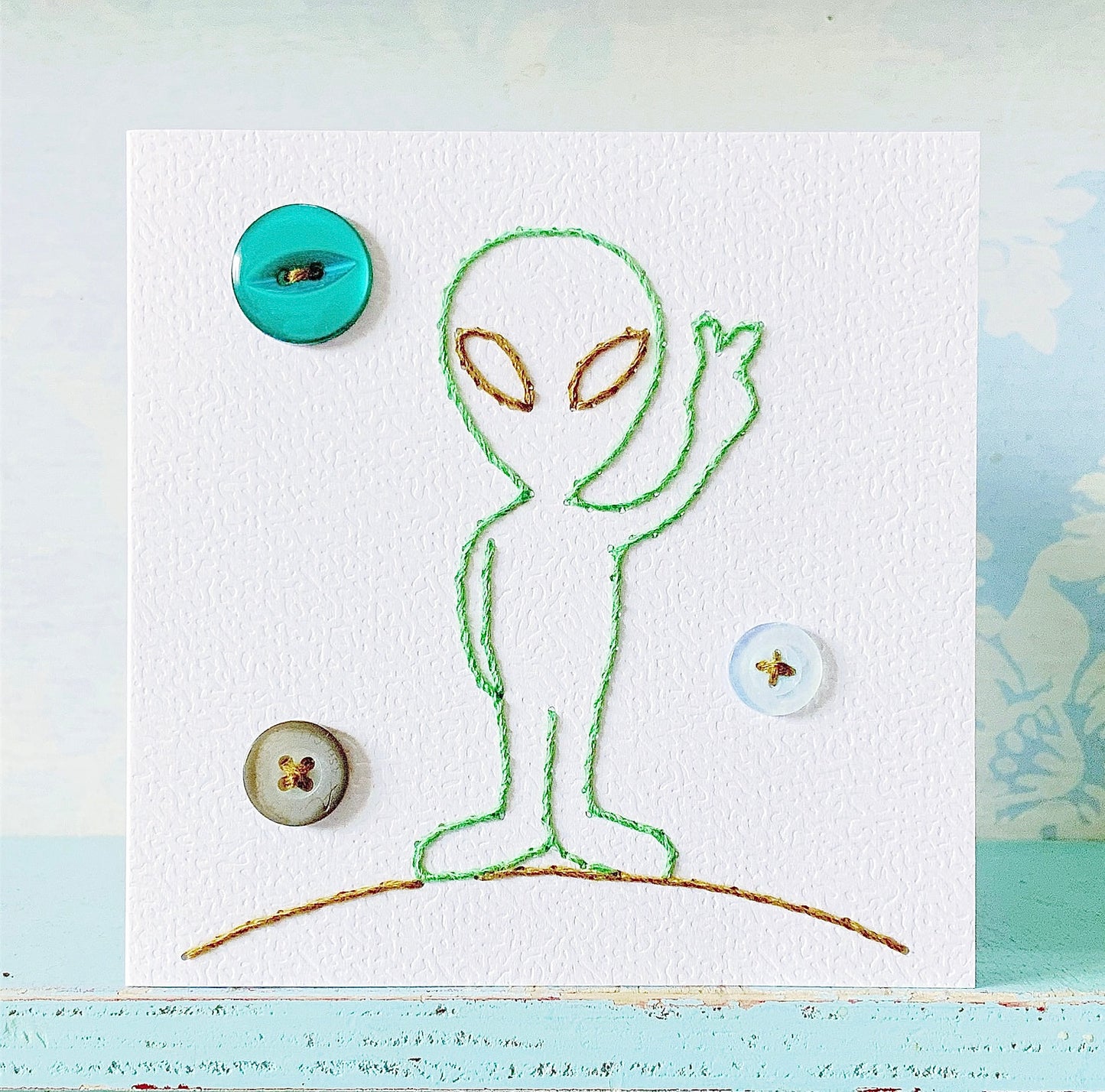 Hand Sewn Card. Alien Card. Space Card. Handmade Card. Embroidered Card. Aliens.