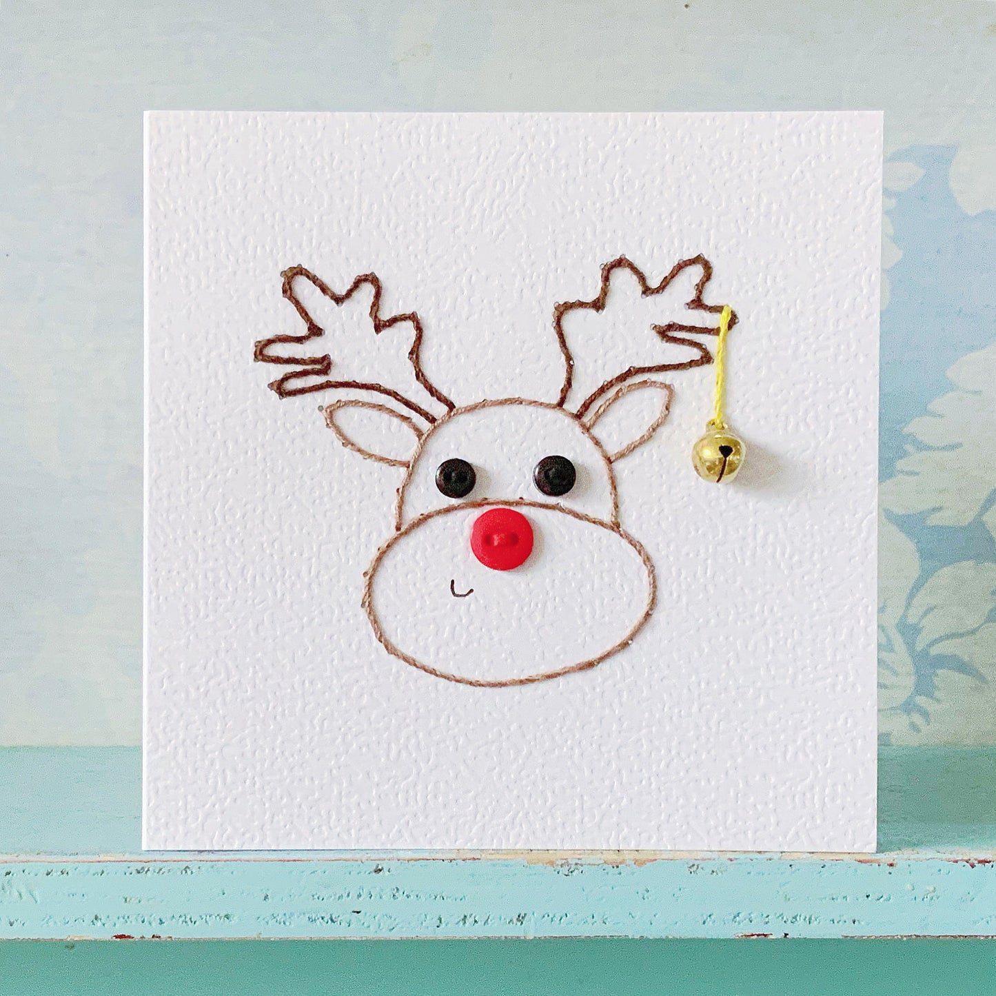 Hand Stitched Reindeer Card. Tinkling Bell. Festive Card. Embroidered Card.